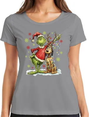 Produktbild von Grinch Weihnachten Rentier Lichterkette Schneeflocken Geschenk Damen T-Shirt, Grau, XXL