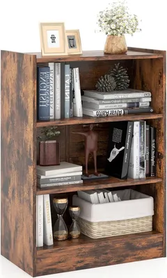 A three-shelf wooden bookshelf filled with books and decorative items.