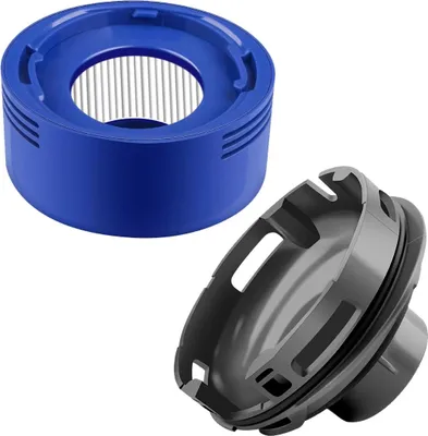 A blue filter and a gray motor cover for a vacuum cleaner.