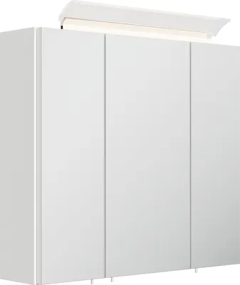 A white, high-gloss medicine cabinet with three doors and an integrated LED light strip above.