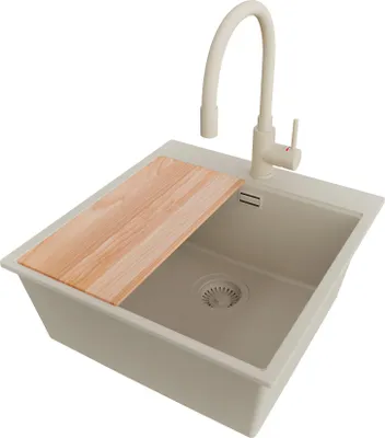 Produktbild von PRIMAGRAN Granitspüle Beige 48x50cm, Spülbecken 1 Becken + Küchenarmatur 38x14cm + Ablauf-Set + Schneidebrett, Küchenspüle ab 50er Unterschrank - Oslo