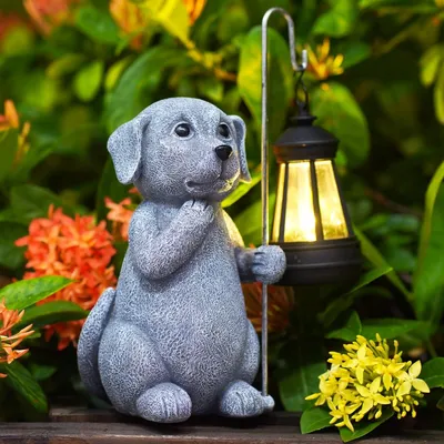 Hunde-Figur mit Solarleuchte, Gartendekoration, 11,5x11x19,4 cm, grau