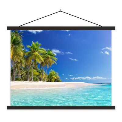 Produktbild von MuchoWow® Textilposter Strand - Meer - Palme - Sonne - Sommer 150x113 cm mit holzfarbenen Rahmen - Poster