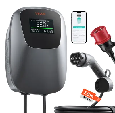Image de VEVOR, borne de recharge murale 22 kW, triphasée, CEE 32 A, 400 V, type 2, chargeur pour tous les véhicules électriques et hybrides rechargeables, borne de recharge intelligente avec contrôle via application, affichage numérique, indice de protection IP65