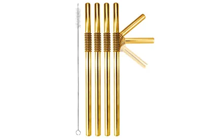 Produktbild von Turtleneck Wiederverwendbare Strohhalme aus Edelstahl - mit Bürste - Gold - biegbar - 4 Stück