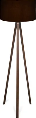A floor lamp with a dark brown fabric shade and a dark brown wooden tripod base, photographed against a white background.