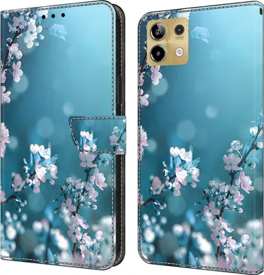 Produktbild von CLM-Tech Handyhülle kompatibel mit Xiaomi Redmi Note 13 5G Hülle - Tasche aus Kunstleder - Klapphülle mit Ständer und Kartenfächern - Schutzhülle Wallet Case Cover Pflaumenblüte blau