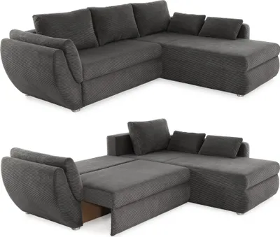 Produktbild von Ecksofa Schlaffunktion Couch mit Rutschenlehne Bettkasten Cord Dunkelgrau / 15226