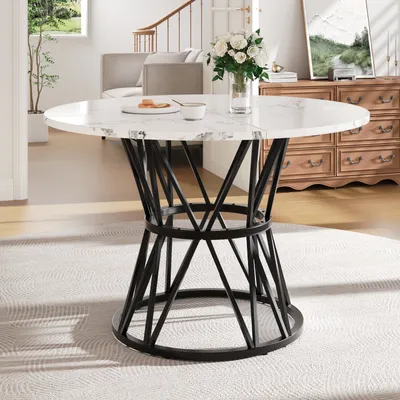 Produktbild von Flieks Esstisch für 4 Personen, Rundtisch 100x100x76 cm, Küchentisch mit marmorierte Tischplatte und Metallbeinen, schwarz