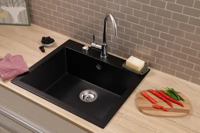 Produktbild von Respekta Oakville Schwarz Massivgranit Einbauspüle 60 x 53 cm – großes Spülbecken ohne Abtropffläche