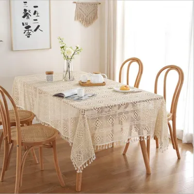 Obrázek produktu pro Omgoods - Béžová bavlněná háčkovaná ubrus, 140 x 250 cm
