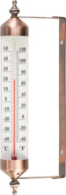 A thermometer mounted on a bracket against a white background.