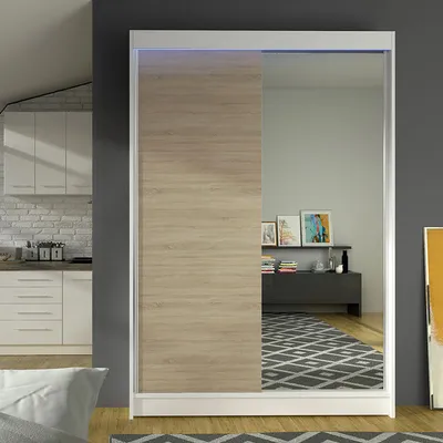 Produktbild von MIRJAN24 Schiebetürenschrank Lino I, mit Spiegel, Kleiderschrank vom Hersteller (Weiß / Sonoma Eiche, mit RGB LED Beleuchtung)