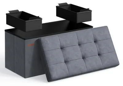 Produktbild von Sitzbank mit Stauraum - LSF247 - Samt - 76×38×38 cm - Bis 300 kg belastbar - 2 Aufbewahrungsboxen - Klappdeckel - Grau