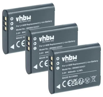 Produktbild von vhbw 3x Akku Ersatz für Olympus Li-92B, Li-90B für Kamera (900 mAh, 3,6 V, Li-Ion)