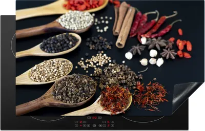 Produktbild von KitchenYeah© Herdabdeckplatte Gewürze in Löffeln auf einem schwarzen Hintergrund , 85x52cm, Küche Deko, Glaskeramikkochfeld Herdabdeckung, Abdeckplatte fùr Kochfeld