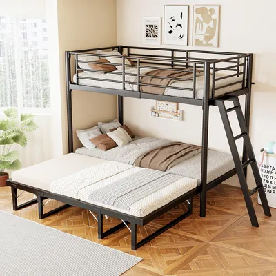 Obrázek produktu pro Dvoupatrová postel Merax 90x200 cm s výsuvnou postelí, kovová postel pro děti a mládež, výsuvná přistýlka, úsporná postel pro více osob, černá barva