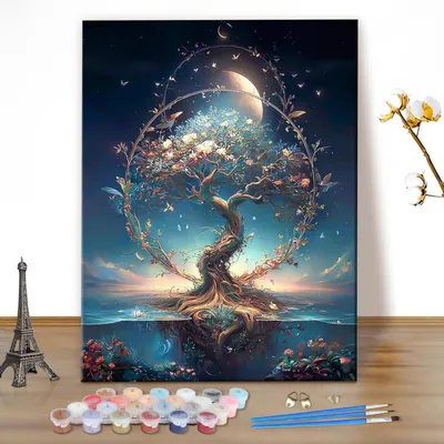 Produktbild von Malen nach Zahlen Set Lebensbaum 40x50cm Leinwand Acrylfarben Pinsel