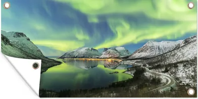 Produktbild von MuchoWow® 60x30 cm Outdoor-Poster Gartendeko Sichtschutz Garten Poster für den Garten  Nordlichter - Fjord - Norwegen