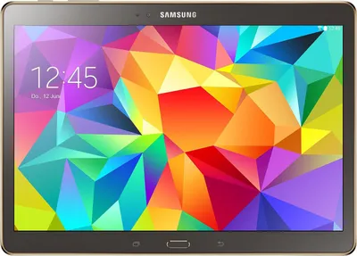A Samsung Galaxy Tab tablet is shown from the front, displaying its screen with a colorful abstract wallpaper and the time.