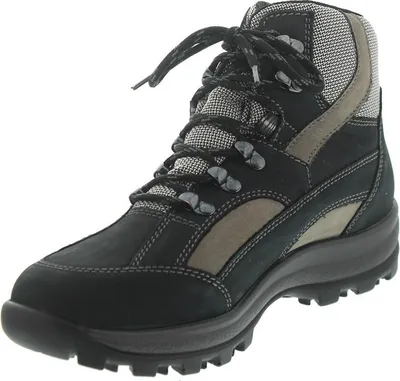 A single black and tan hiking boot is shown against a white background.