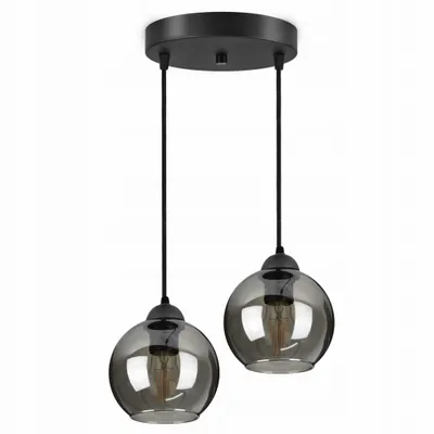 A black ceiling lamp with two smoked glass pendant lights.