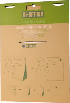 The image shows the packaging of a Bi-Office Sticky Flipchart Pad, with instructional diagrams on how to use it.