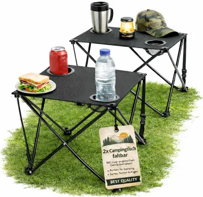 Produktbild von 2er Set Faltbarer Campingtisch Schwarz mit 2 Getränkehaltern – ultraleicht 1 kg, stabil bis 30 kg, kompakt mit Tragetasche für Camping & Outdoor