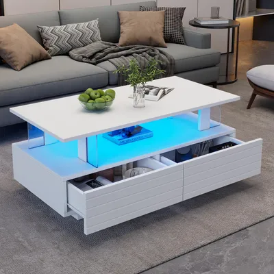 Obrázok produktu pre Konferenčný stolík, 100 x 50 x 42 cm, 100% drevotrieska, akrylátové sklo, biela farba, s LED osvetlením, 2 zásuvky a otvorená polička