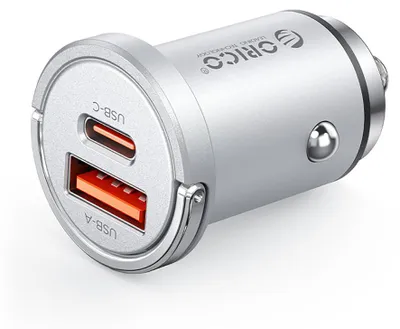 Immagine prodotto di Orico MiniRing Pro, caricabatterie da auto USB-A + USB-C da 45W – Argento