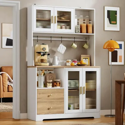 Produktbild von okwish Weiß Küche Hochschränke mit Steckdose und LED, Küchenschrank mit Schubladen und Glastüren, Küchenunterschränke Viel Stauraum
