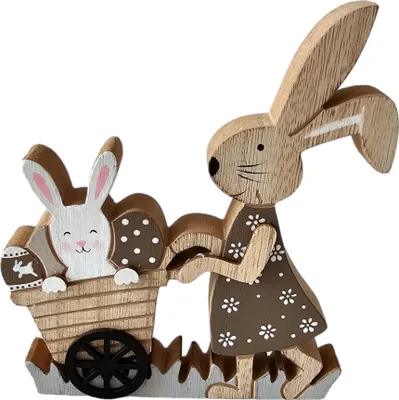 Produktbild von Deko-Objekt Osterhase/Osterhäsin mit Schubkarre, Osterdekoration aus Holz, naturfarben ca. 14 x 2 x 16 cm