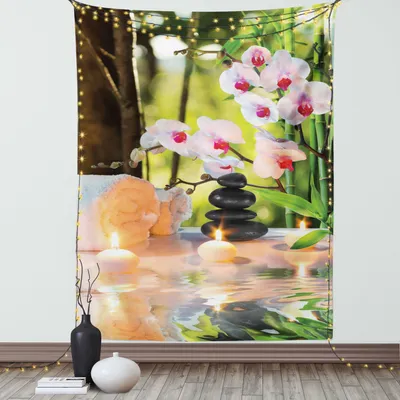 Immagine prodotto di ABAKUHAUS Arazzo da parete,  elementi massaggianti tema spa con candele orchidee pietre calde giardino motivo fotografico, soggiorno camera da letto tessuto da parete in raso setoso, 150 x 200 cm, verde chiaro fucsia