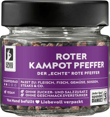 Produktbild von Roter Kampot Pfeffer, ganz, roter Pfeffer für die Mühle, intensives Pfefferaroma zum Kochen, 50g im Glas