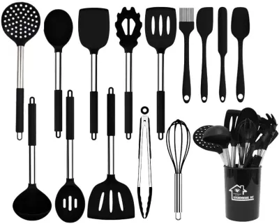 Produktbild von 15-teiliges Kochutensilien-Set aus Silikon mit Edelstahlgriffen, hitzebeständig und antihaftbeschichtet, mit großen Pfannenwendern, spülmaschinengeeignet (schwarz)