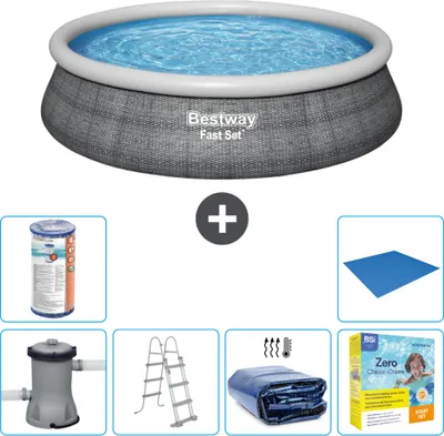 Zdjęcie produktu dla Okrągły nadmuchiwany basen Fast-Set Bestway - rattanowy nadruk - 457 x 107 cm - w zestawie z pompką - drabinką - markizą przeciwsłoneczną - pakietem konserwacyjnym - filtrem - podłożem