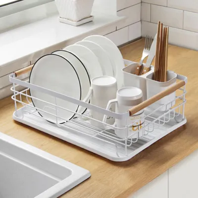 Produktbild von Livingandhome Geschirrabtropfgestell, Metall Abtropfgestell mit Holzgriff Besteckhalter Auffangschale, Weiß