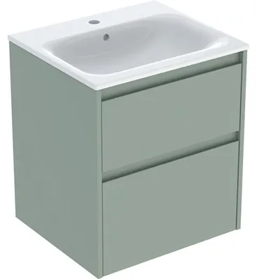 Produktbild von Geberit Renova Plan Set Möbelwaschtisch schmaler Rand, mit Unterschrank, zwei Schubladen: 55x62.1x48cm, Breite Waschtisch=55cm, Waschtisch: weiß, Korpus, Front: salbeigrün / lackiert seidenmatt