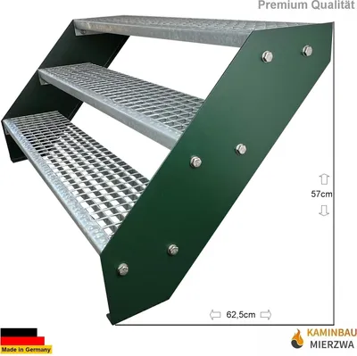 Produktbild von Gitterrost Stahl Wangentreppe 3 Stufen Verzinkt & Grün Pulverlackierte Wangen - (L x B x H) 63cm x 100cm x 57cm