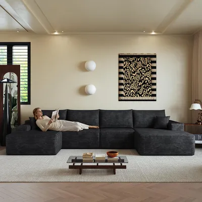 Imagen del producto de Sofá modular de esquina de 340 cm sin reposabrazos, con chaise longue en forma de L, sofá modular moderno, con asiento profundo. No requiere montaje