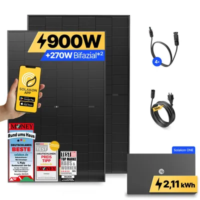 Produktbild von 900W Balkonkraftwerk mit Speicher Solakon ONE (2,11 kWh) Solaranlage Steckerfertig WIFI Komplettset Photovoltaik Anlage 800W, Kabellänge: 10m