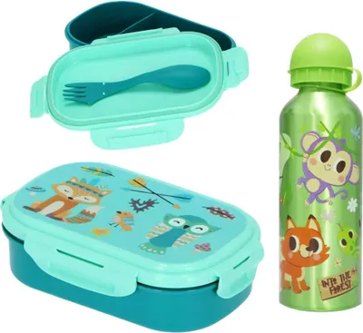 Produktbild von Waldtiere 3 tlg Kinder Lunch Set Brotdose Aluminium Trinkflasche 500 ml Göffel – Grün
