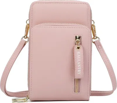 Zdjęcie produktu dla Portfel crossbody Gallantry na smartfona w kolorze różowym - zapinany na zamek błyskawiczny z paskiem na ramię i przegródkami na karty i pieniądze