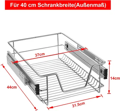 Produktbild von yardin Teleskopschublade 1x verchromtes Metall, für 40 cm Küchen- und Schlafzimmerschränke, 370x440x140 mm (B x T x H)