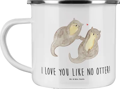 Produktbild von Mr. & Mrs. Panda becher emaille Otter Hände halten - Weiß - Geschenk, Tasse, Haferl, glücklich, Pott, Blechtasse, Paar, Kaffeepott, Teetasse, Liebe, Verliebt, Seeotter