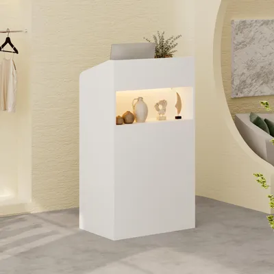 Produktbild von Kleiner Empfangstheke mit LED-Beleuchtung und Ausstellungsregal, Kassentisch mit 2 Ablagefächern, für Laden, Salon, Weiß, MDF, 59 x 105 x 39 cm