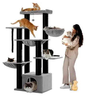 Produktbild von Stabiler Kratzbaum für große Katzen mit mehreren Ebenen, Hängematte, 13 Sisalpfosten (φ11cm), großer Sitzstange, Höhle und Körben, Kratzbaum XXL 170 cm, Schwarz