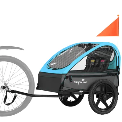 Produktbild von Fahrradanhänger BT-609 Für 1-2 Kinder Bis 40 kg, mit 5-Punkt-Gurt, Schutzverdeck, Sicherheitsflagge und abnehmbaren Rädern, 16 km/h, Faltbar, Blau
