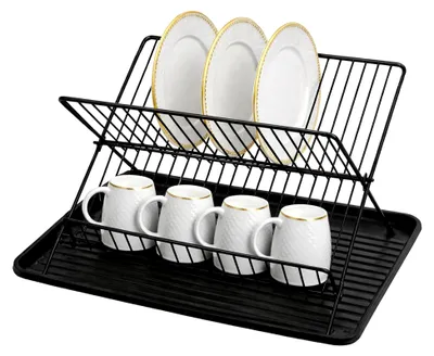 Produktbild von Geschirrabtropfer in Schwarz – 2-stufiges Abtropfgestell mit Abtropfschale, Geschirrtrockner für die Küche, 43 × 32 × 25,5 cm