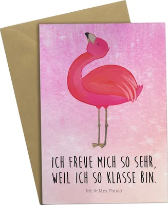 Produktbild von Mr. & Mrs. Panda Grußkarte Flamingo Stolz - Aquarell Pink - Geschenk, weihnachtskarten, Tochter, vatertagskarte, Mama, glückwunschkarten, einladungskarten, Freude